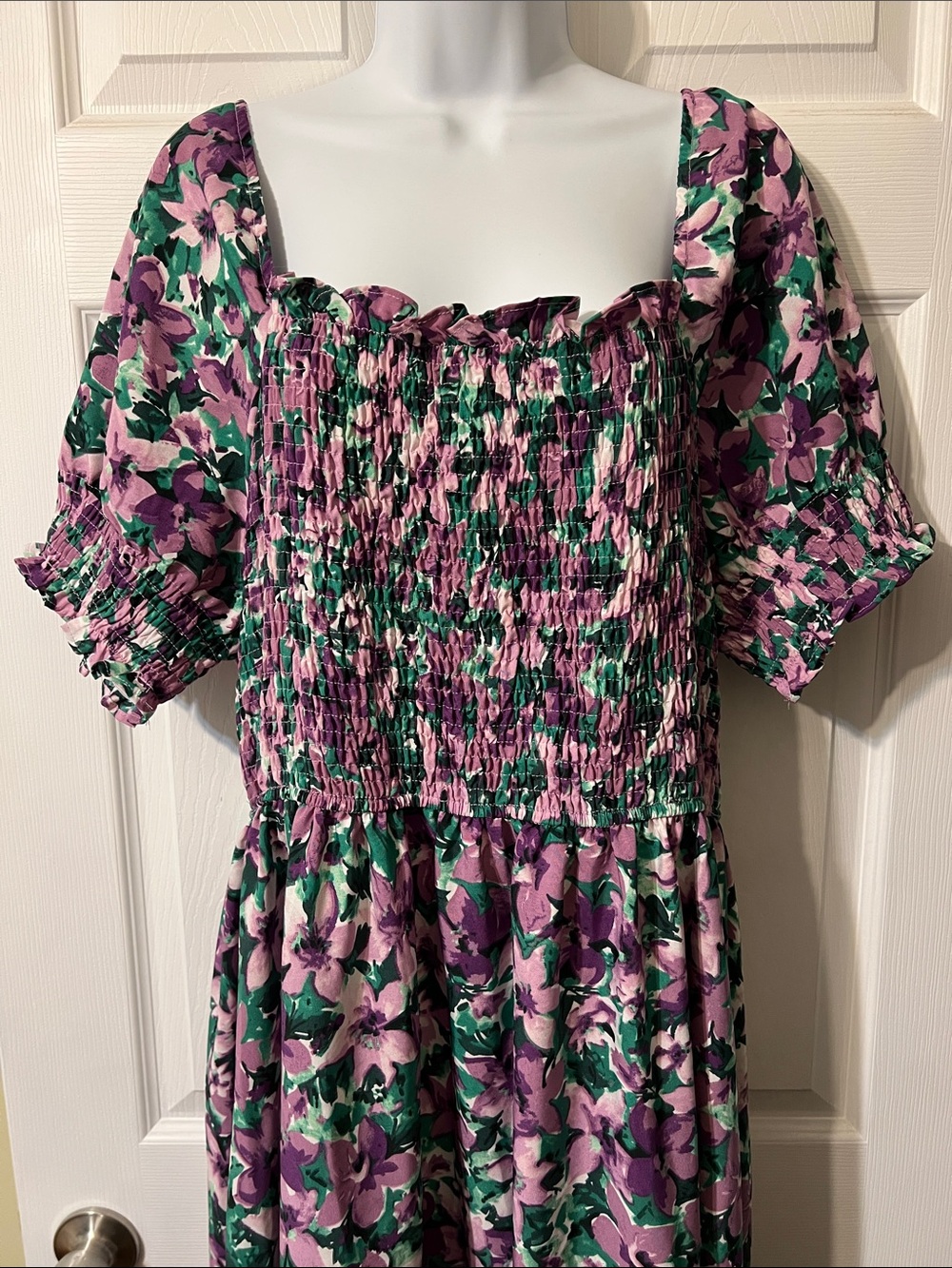 Purple Floral Smocked Maxi Dress, boho cottagecore